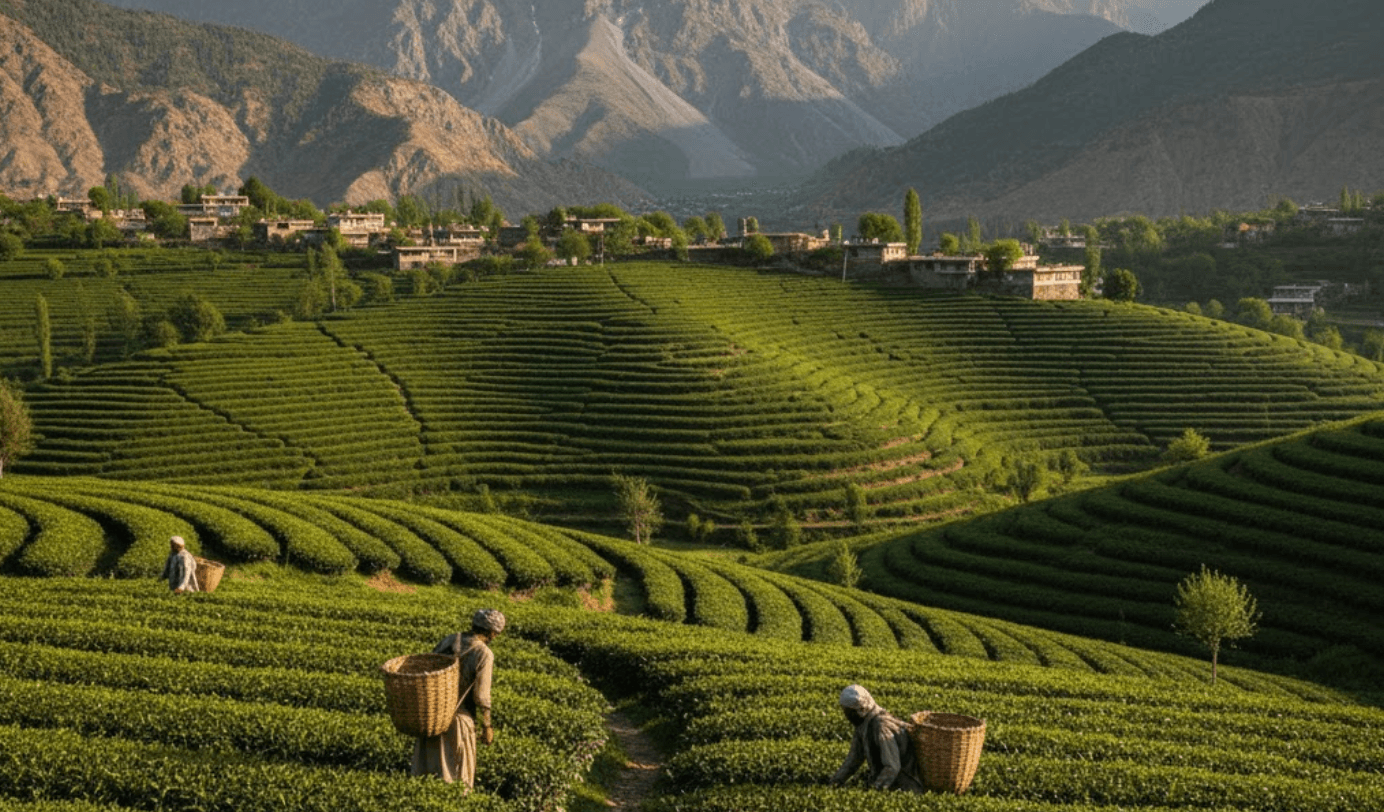 Kunar tea terraces overlooking the river valley.